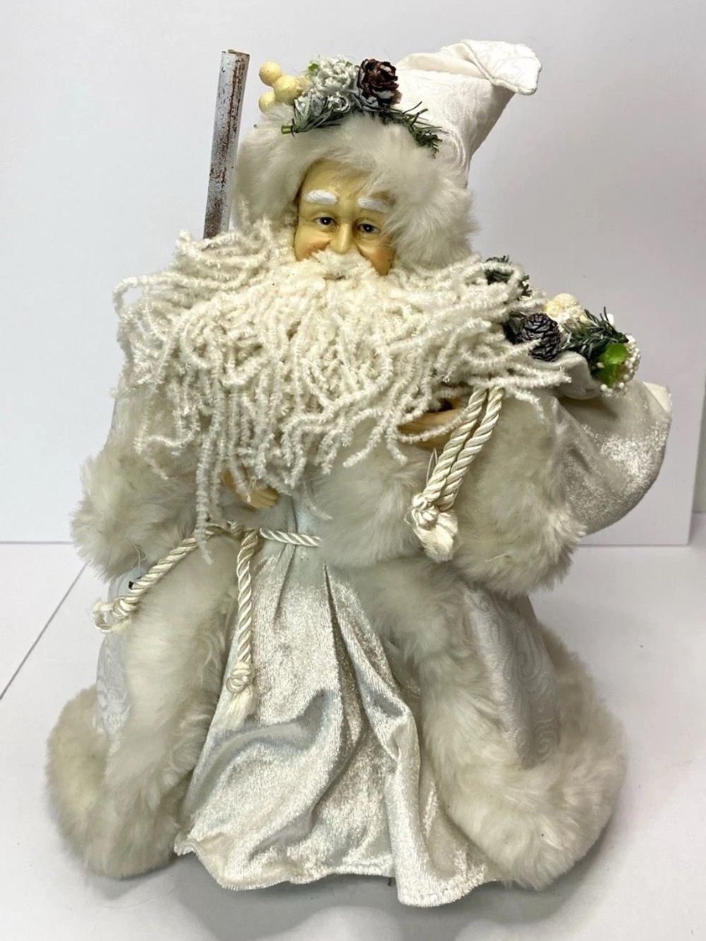 Vintage White & Silver Santa Claus Tree Topper Figurine 12" Father Christmas